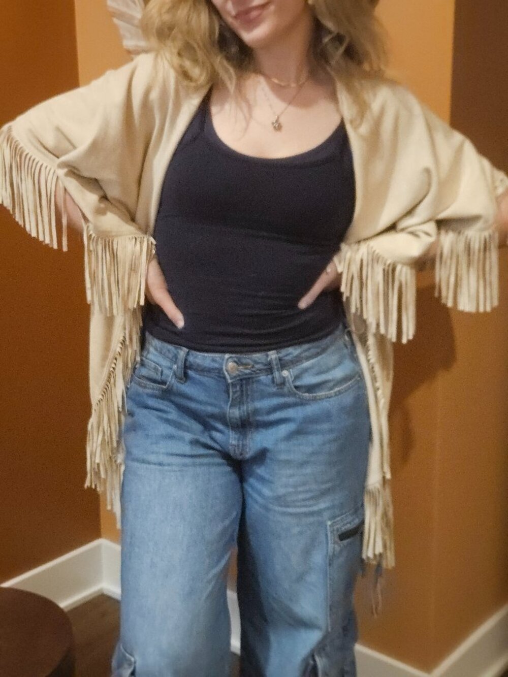 PANCHO/CAPE, BOHO, WESTERN FAUX SUEDE FRINGED, ONE SIZE